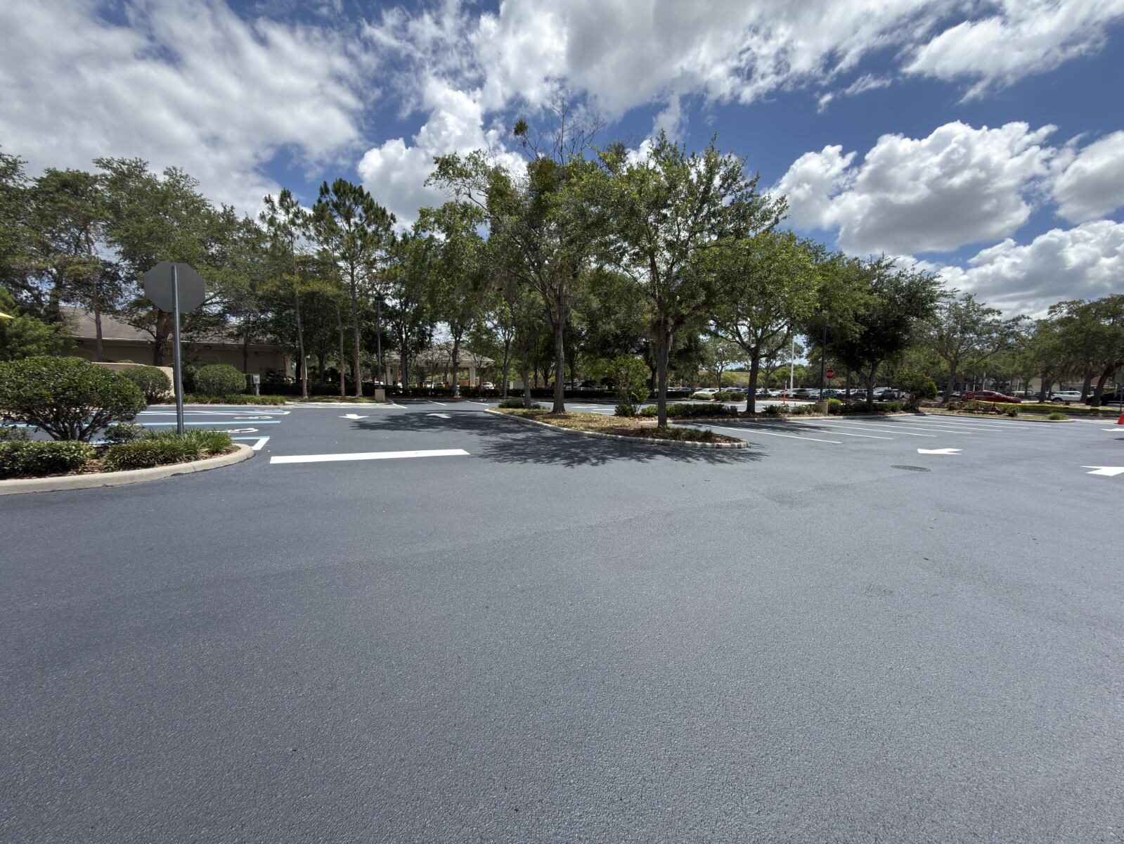 Striped commercial parking lot with white stall lines, directional arrows and blue ADA markings